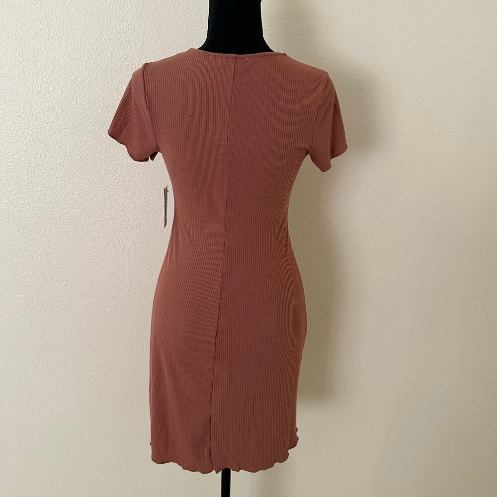 BP Women's Short Sleeves V-Neck Ribbed Tan Mocha Mini Dress Size S NWT - Picture 3 of 7